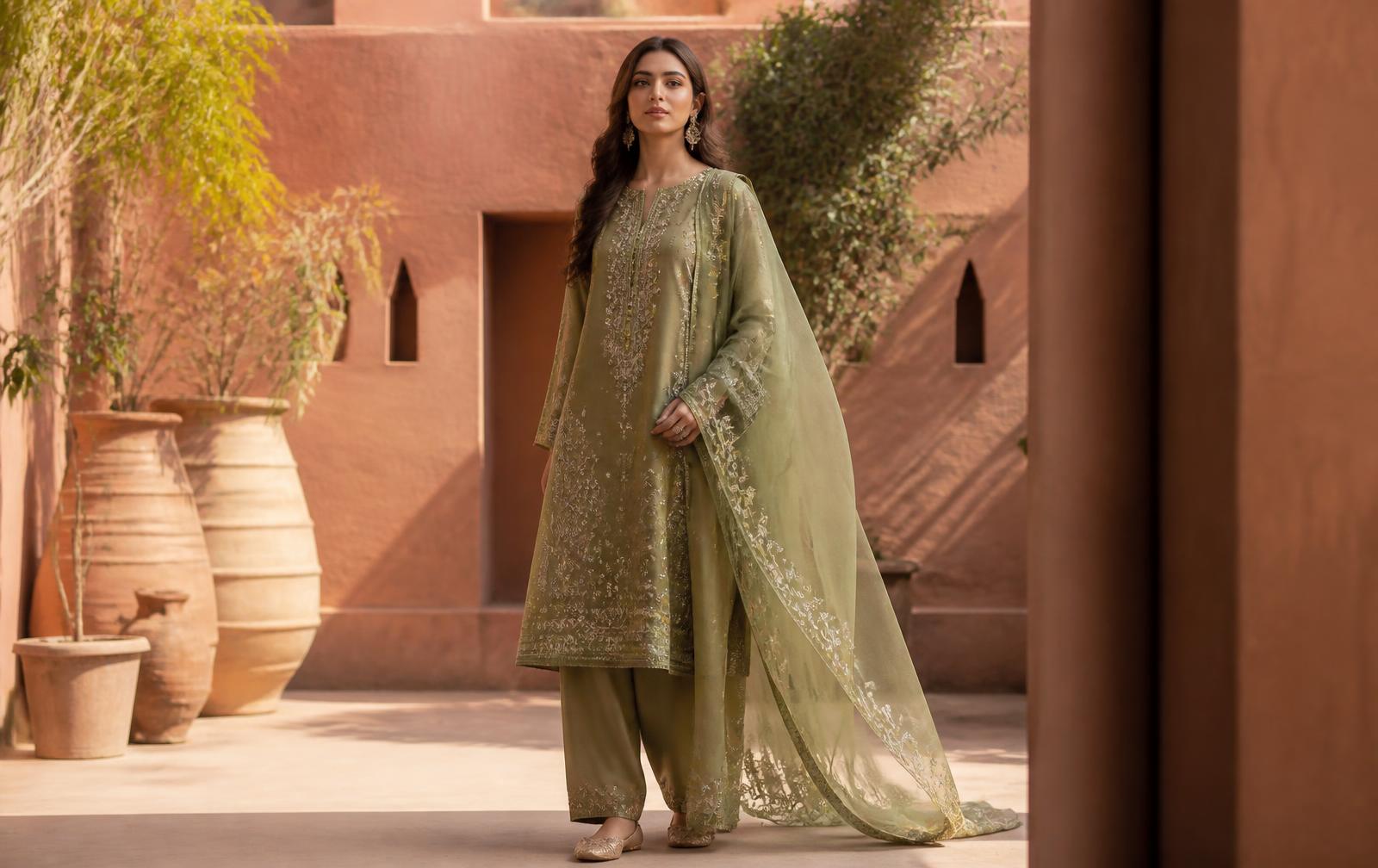 Model in an olive embroidered suit in a terracotta courtyard