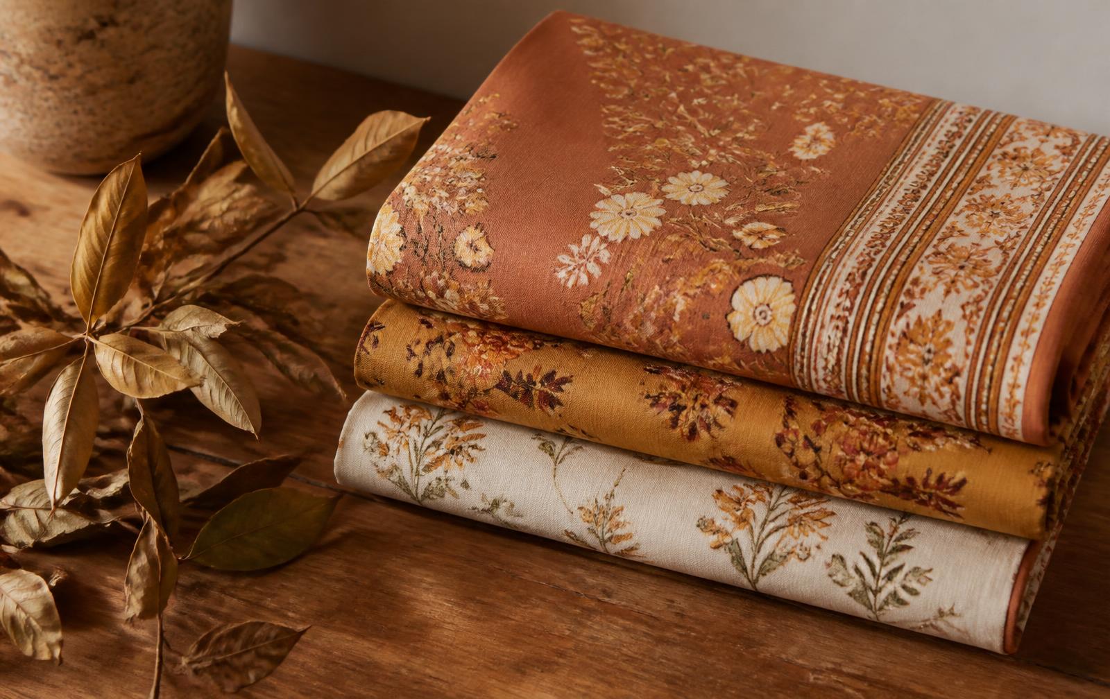 Folded printed lawn fabric in rust, ochre and ivory