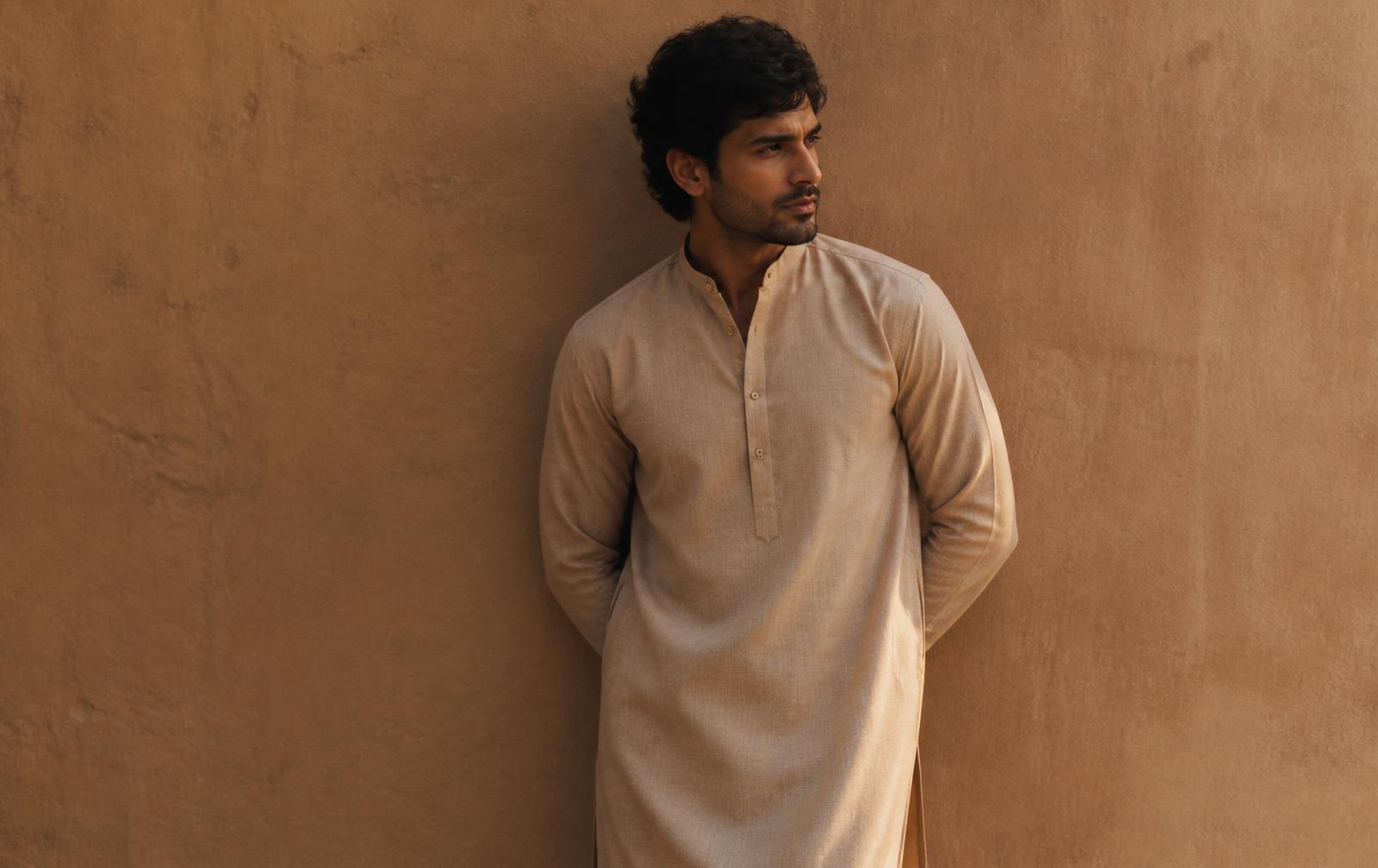 Man wearing a sand coloured kurta against a clay wall