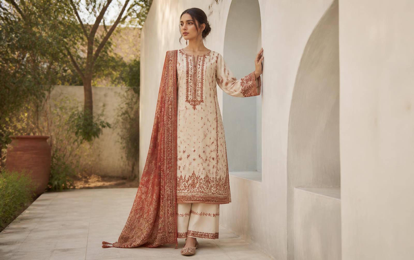 Model wearing an ivory embroidered three piece suit
